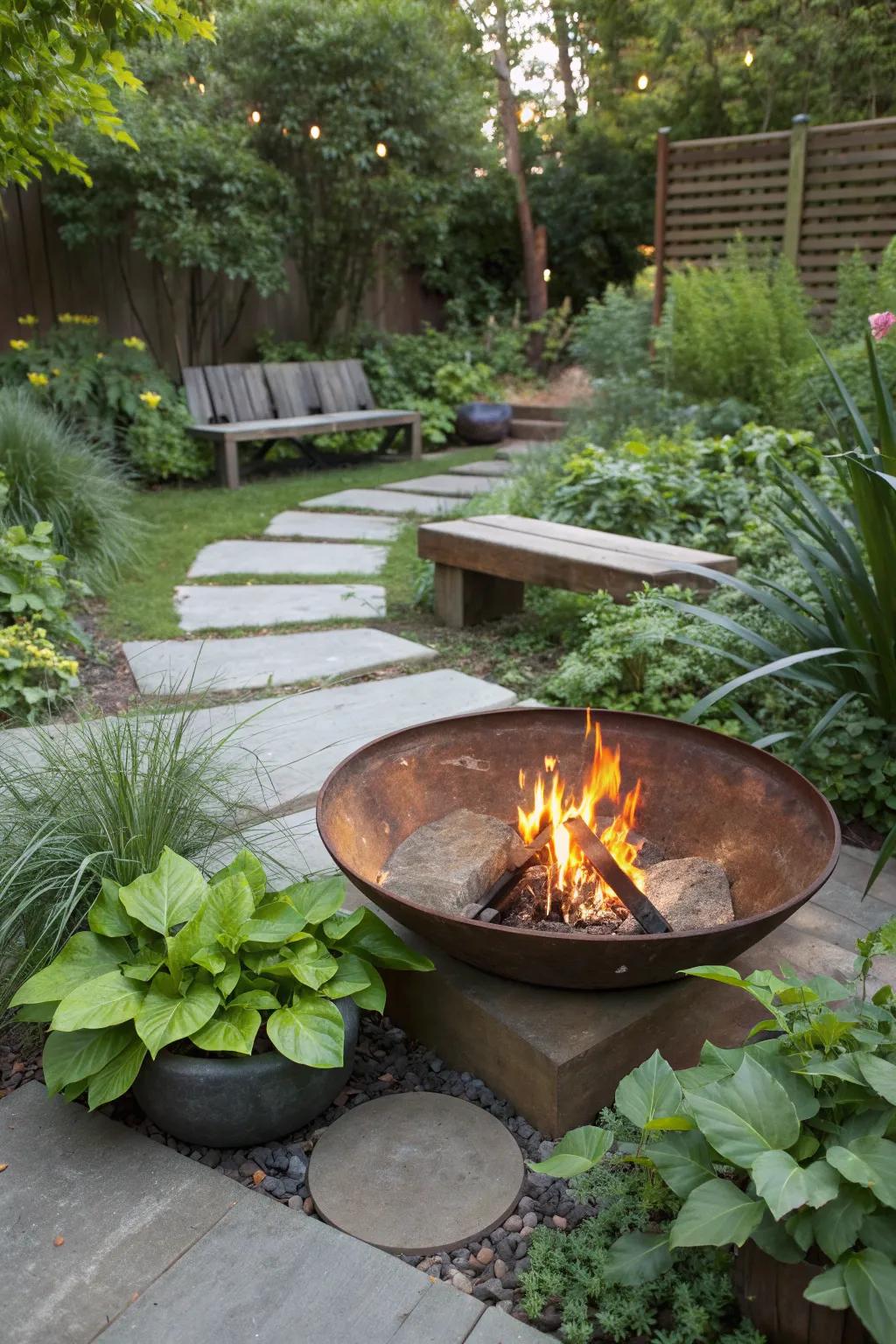A recycled metal fire pit supports sustainability and style.