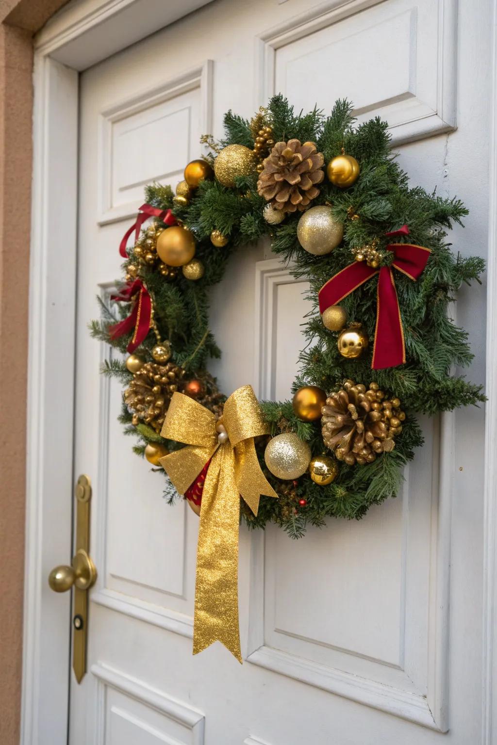 Golden baubles add a touch of elegance to this New Year's wreath.