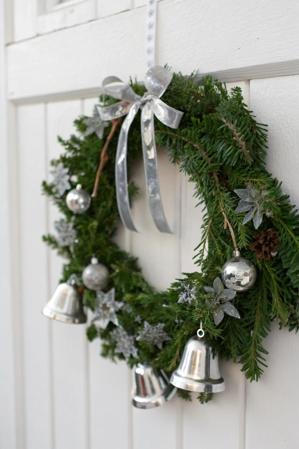 Silver bells bring a melodic charm to your New Year's wreath.
