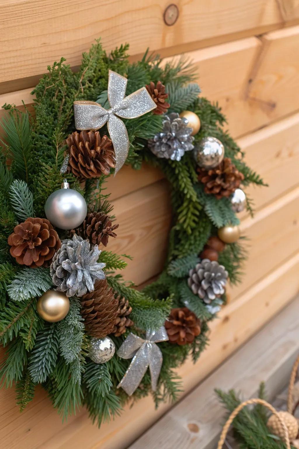 Pinecones meet metallic accents for a chic New Year's look.