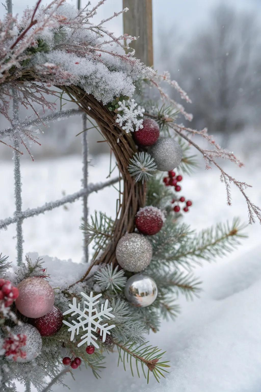 A winter wonderland wreath brings serene beauty to your entrance.