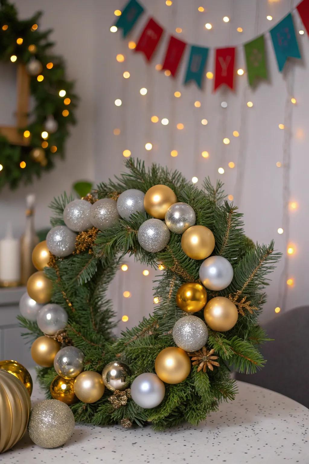 Small balloons add a playful touch to your New Year's wreath.