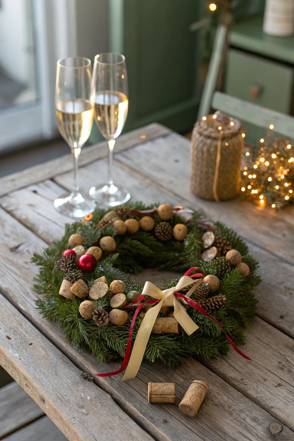 Champagne corks create a charming and unique wreath centerpiece.