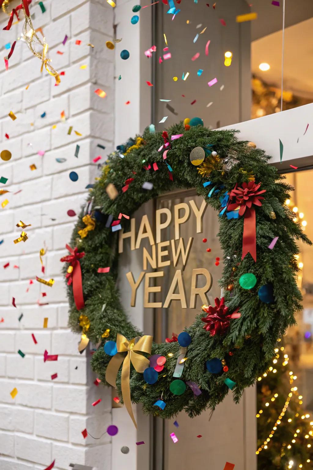 Confetti decorations bring a party vibe to your New Year's wreath.