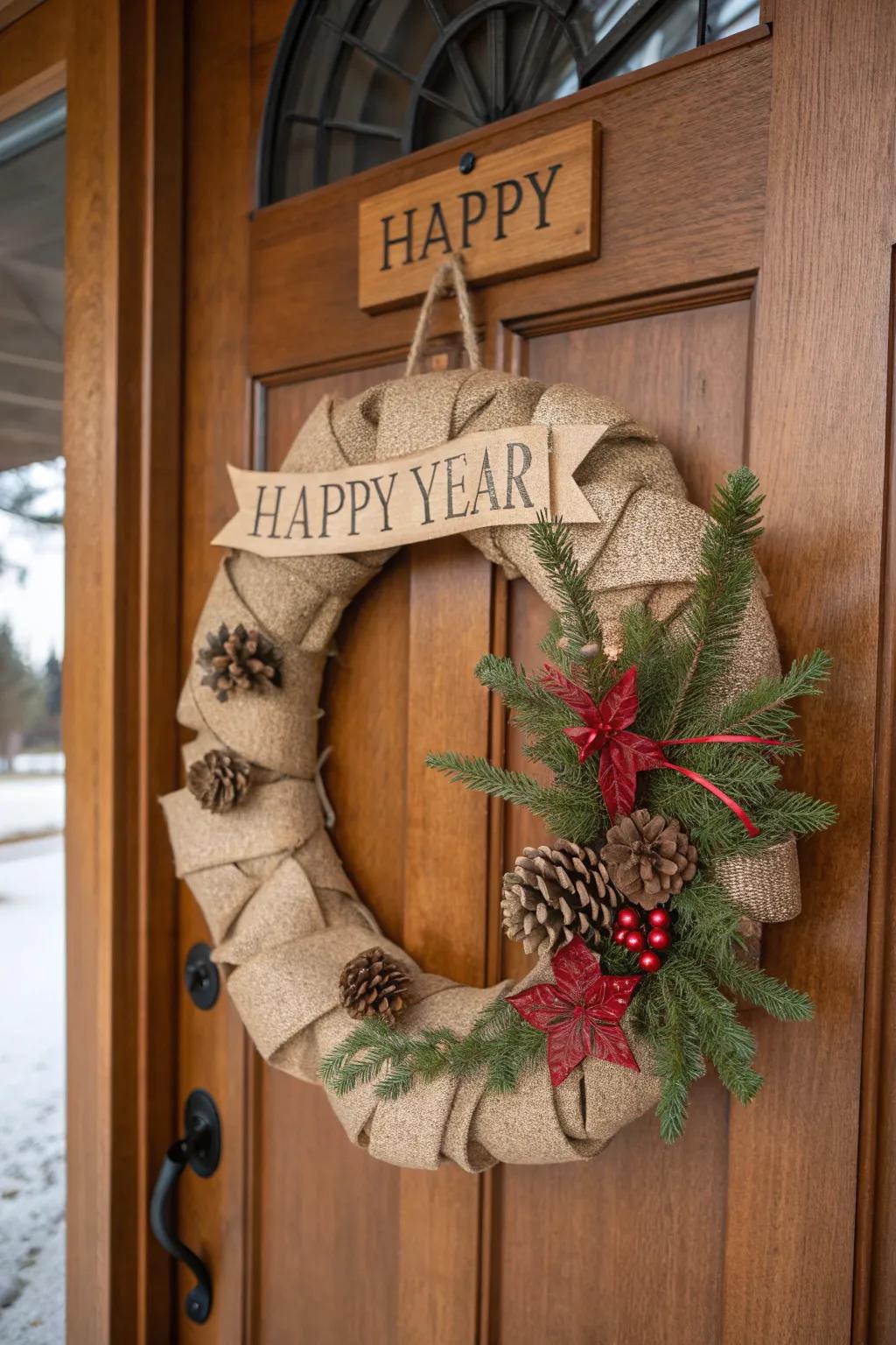 Burlap and wood create a rustic yet festive New Year's wreath.