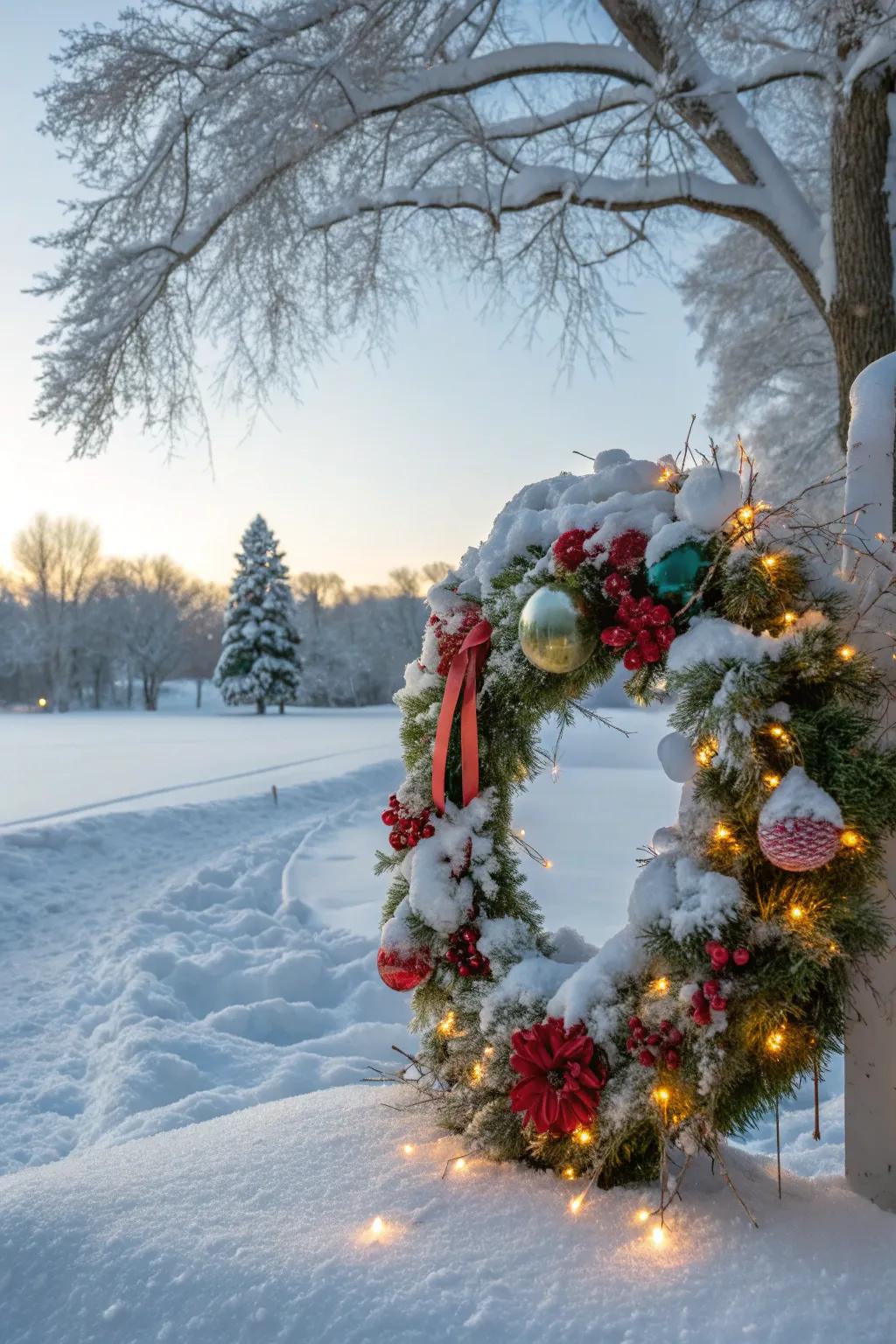 Sparkling snow effects bring winter magic to this wreath.