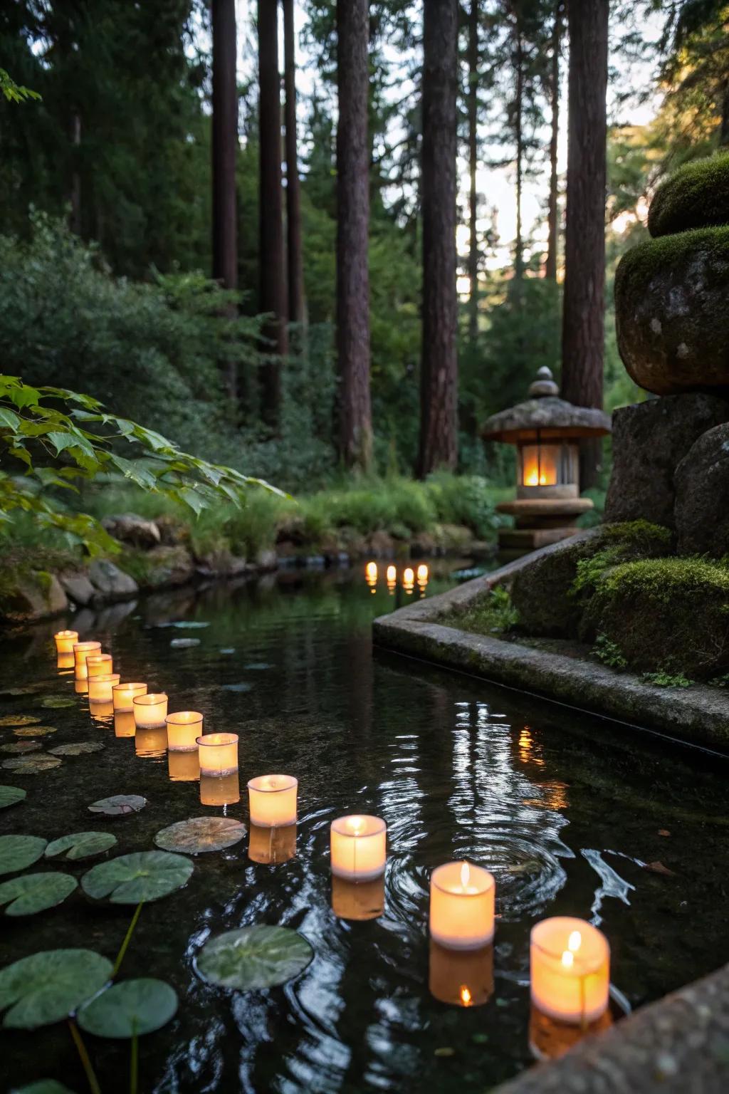 Light dances on water in a magical forest setting.
