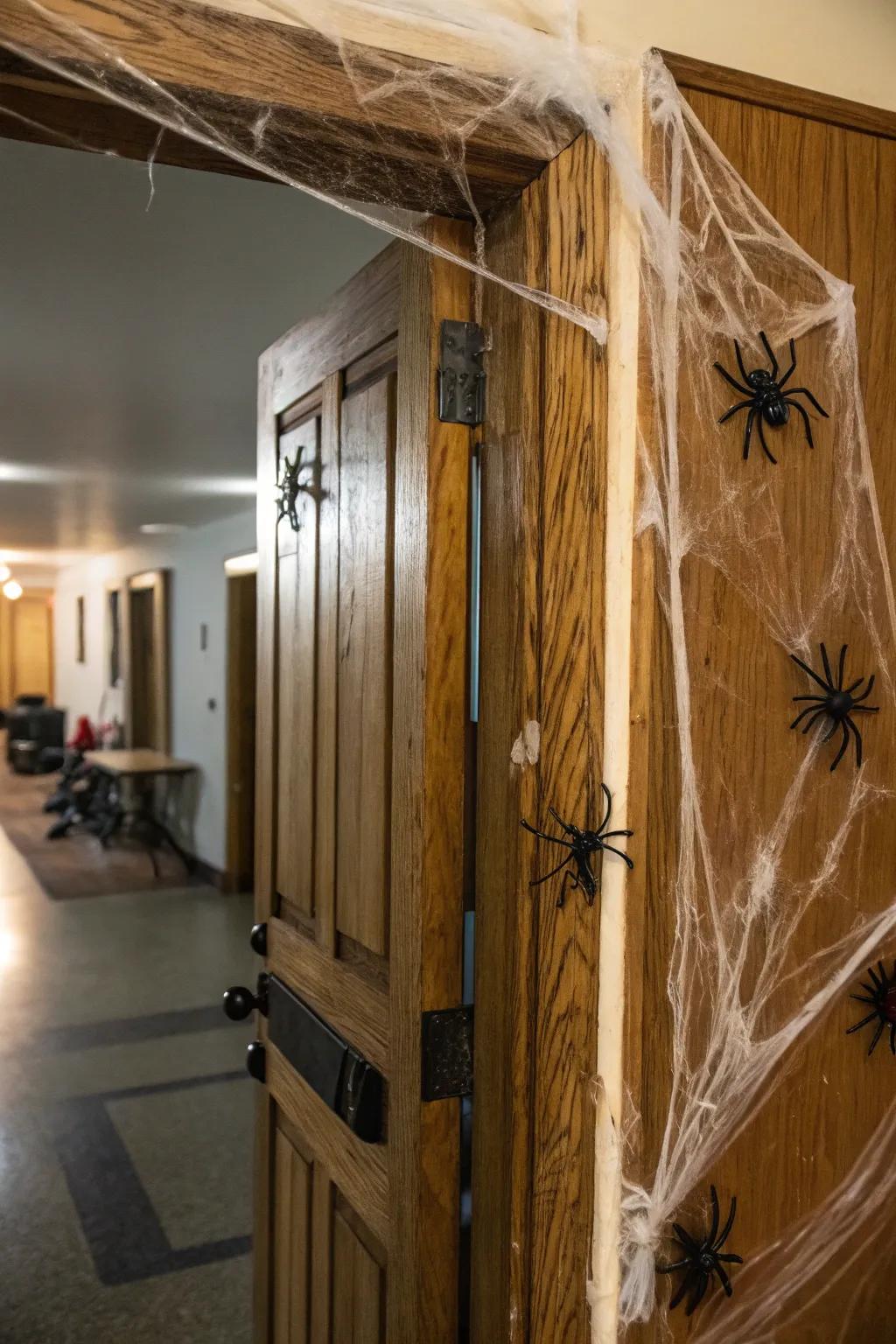 Cobwebs and spiders create a classic Halloween atmosphere.