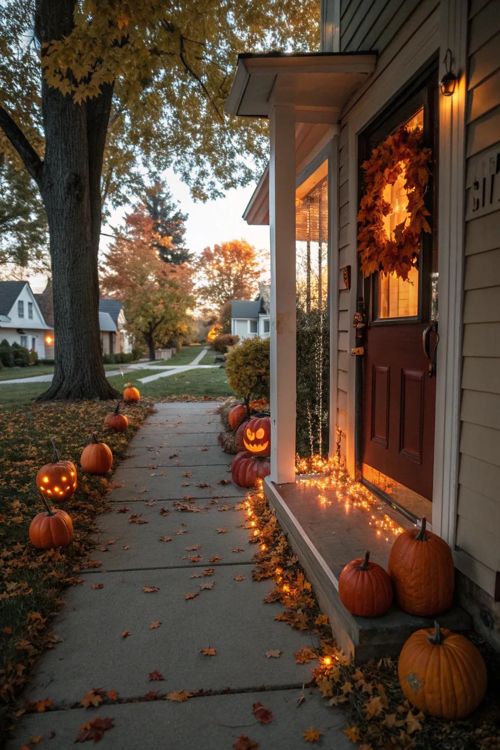A glowing pumpkin pathway lights up the way to your door.