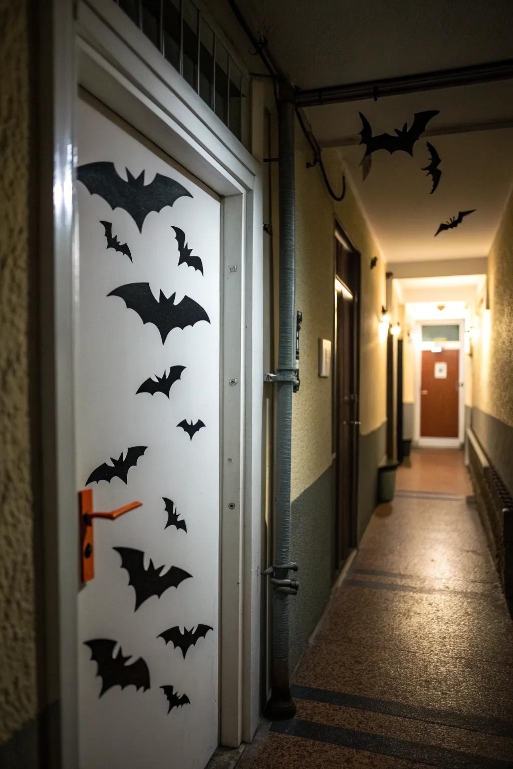 A swarm of bats creates a dynamic and spooky effect.
