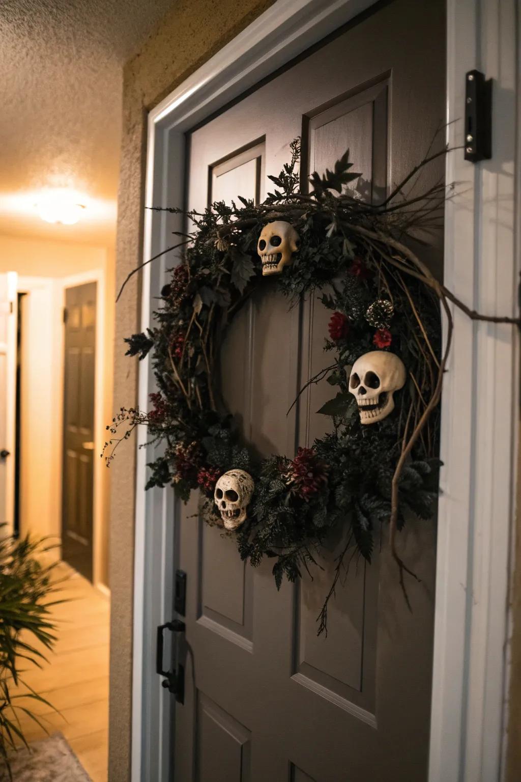 A haunted wreath sets the tone for a spooky welcome.