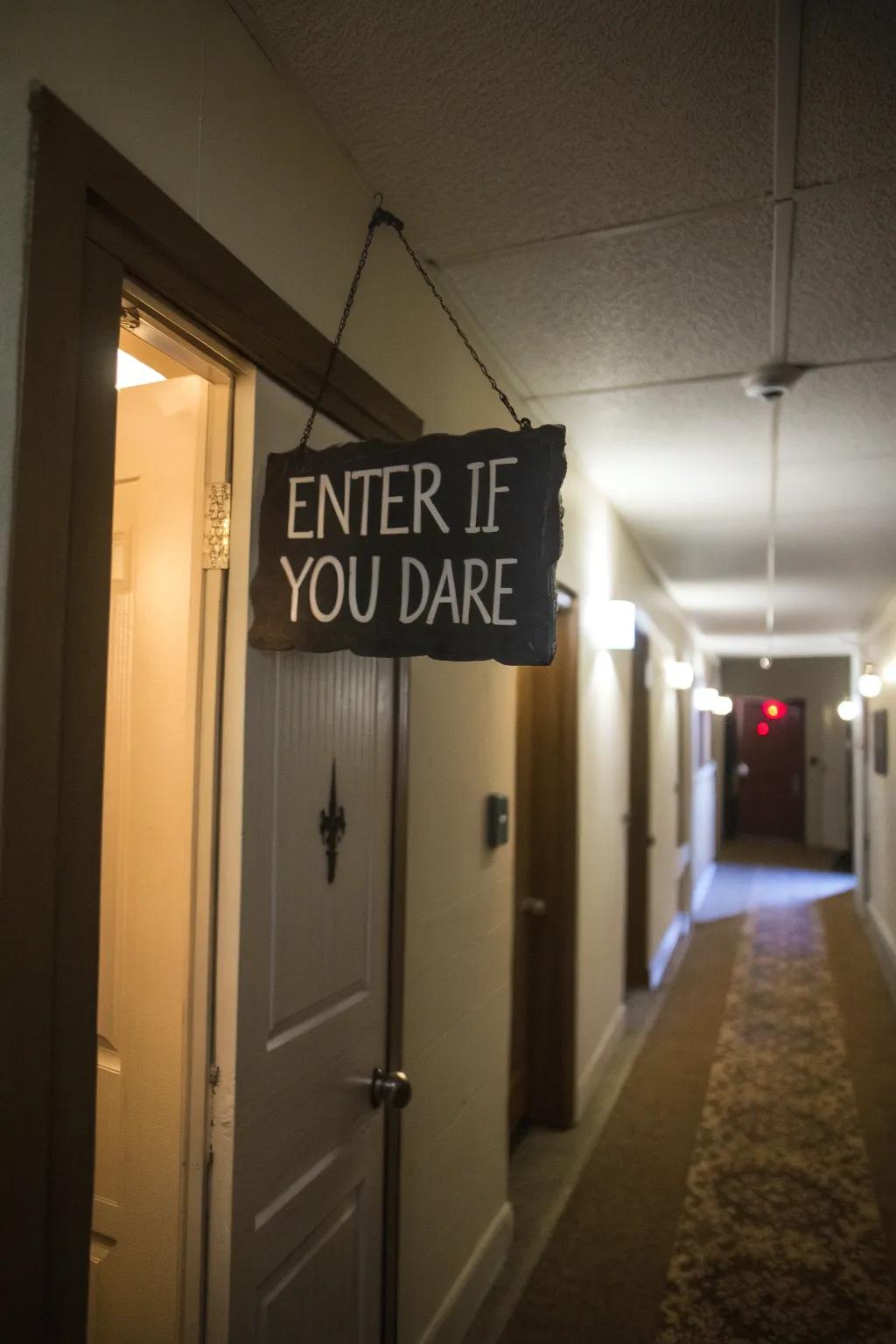 A spooky sign adds intrigue to your Halloween decor.