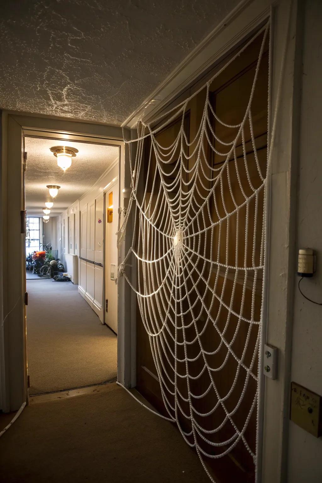 An oversized spider web creates a striking Halloween look.