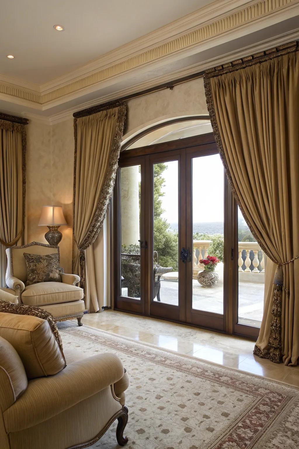 Elegant drapery elevates the room's grandeur.