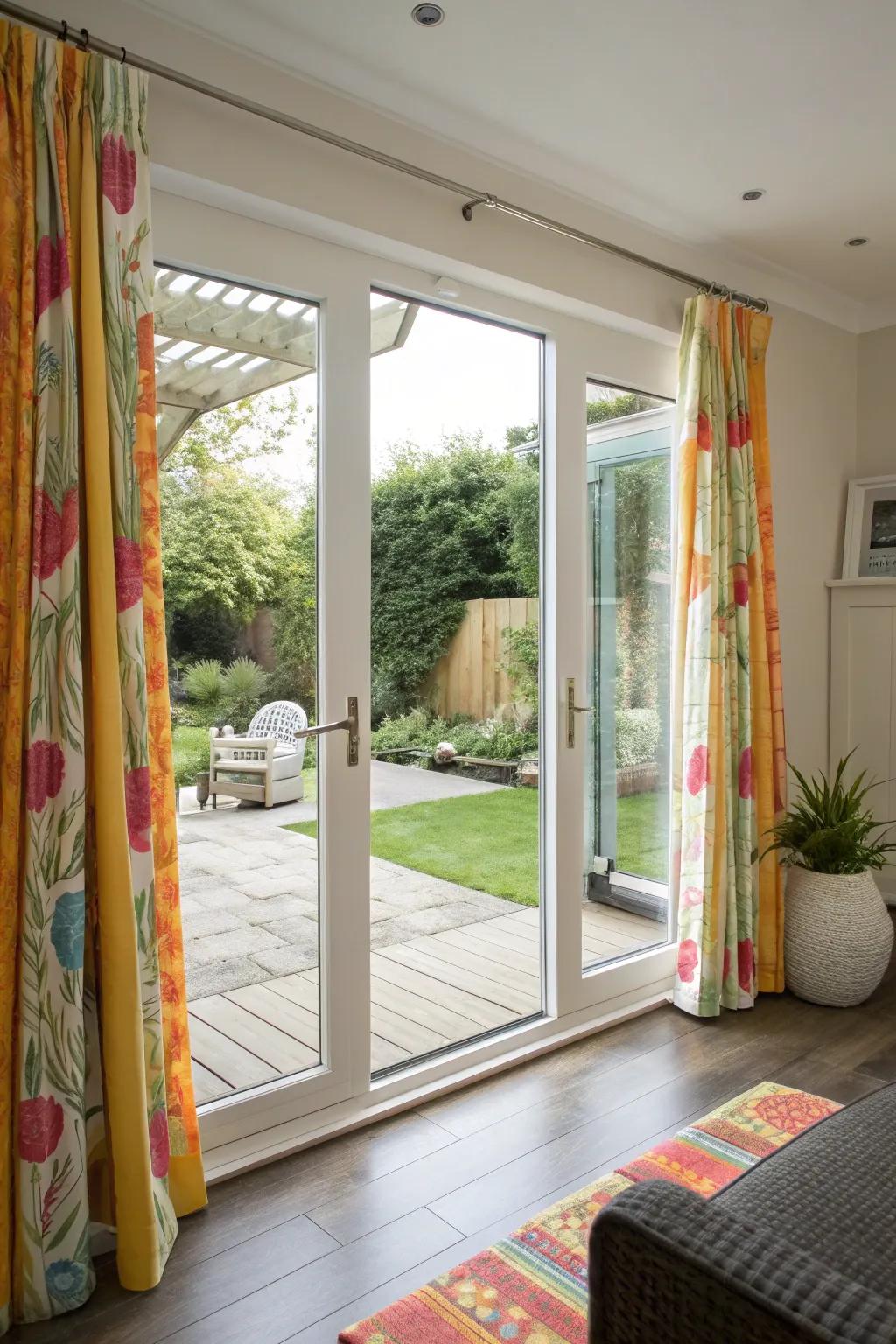 Vibrant curtains bring a lively touch.