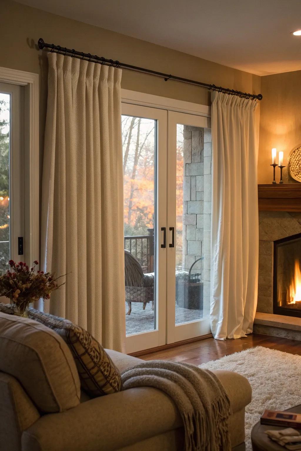 Insulated curtains add warmth and comfort.