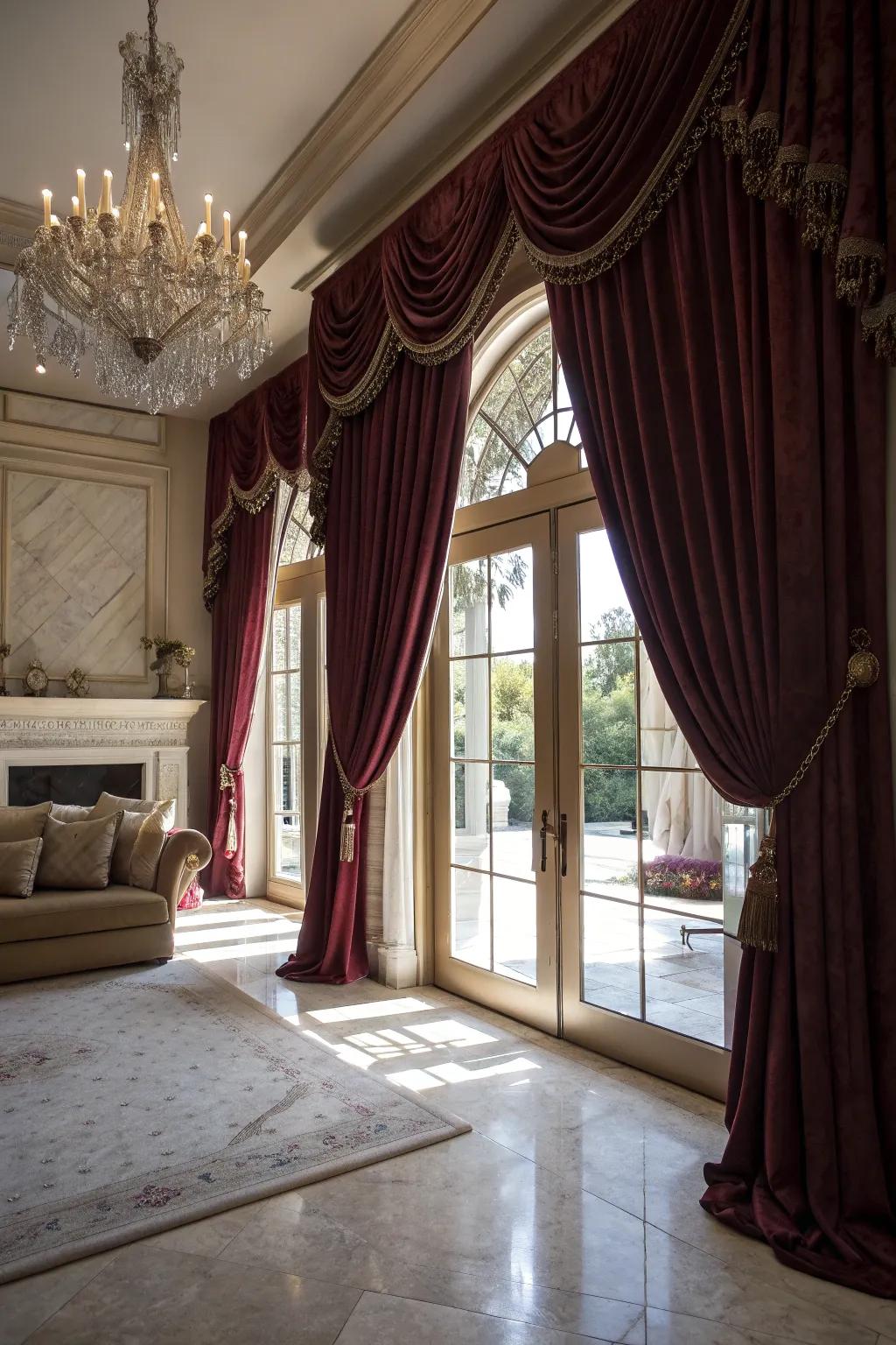 Velvet curtains add a touch of drama.