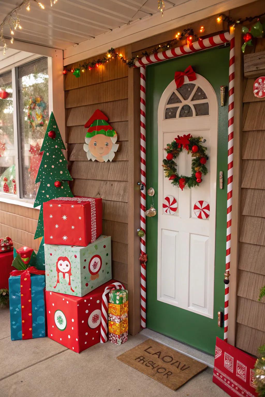 Invite Santa's little helpers to your door with this cheerful workshop theme.