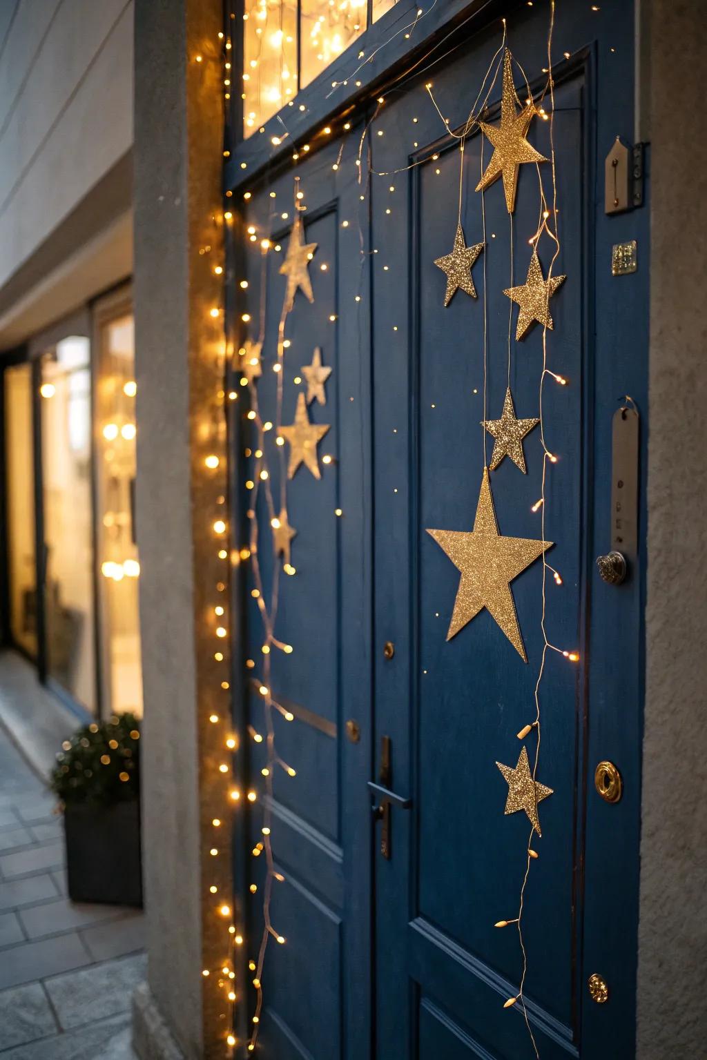 Gaze into a starry night with golden stars and serene blues.