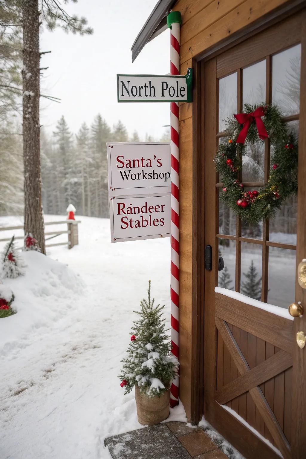Guide visitors to holiday magic with a North Pole signpost on your door.