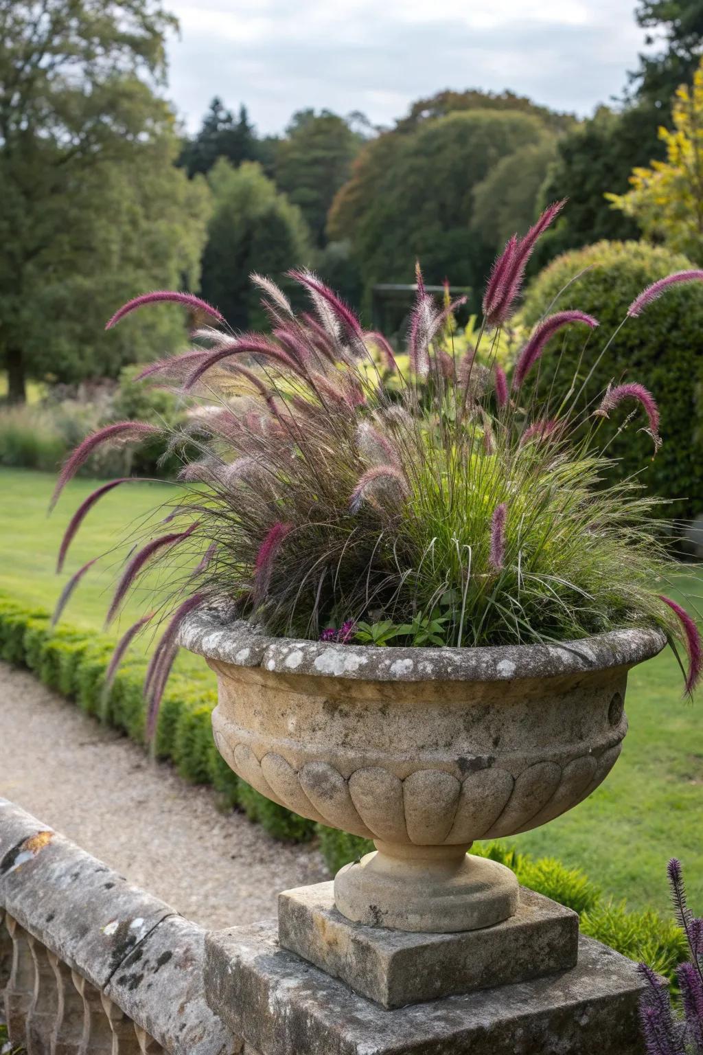 Stone planter with purple fountain grass for a rustic garden vibe.