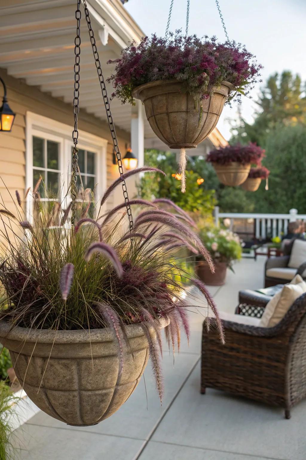 Hanging baskets create a striking vertical display with purple fountain grass.