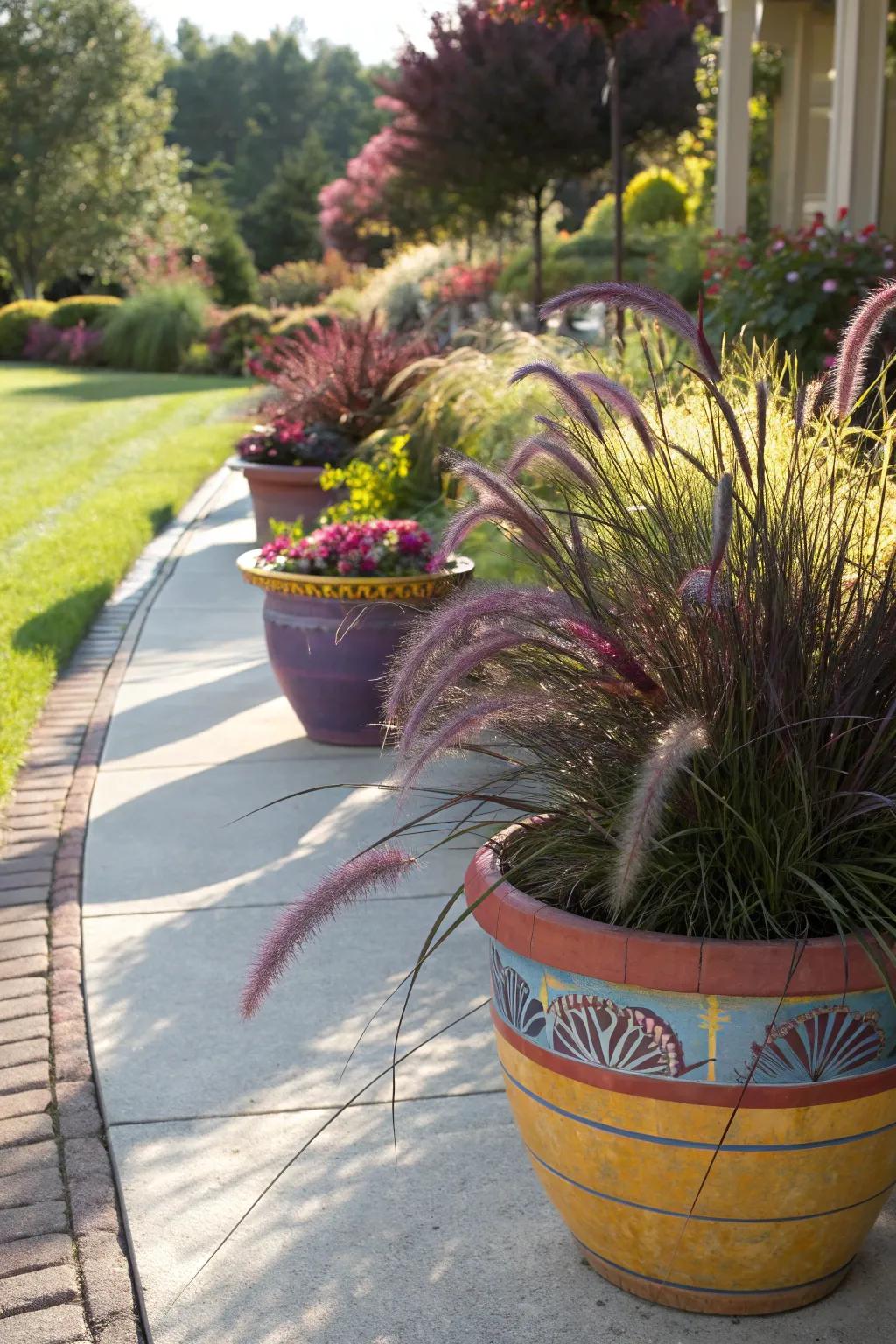 Vibrant ceramic pots highlight the beauty of purple fountain grass.