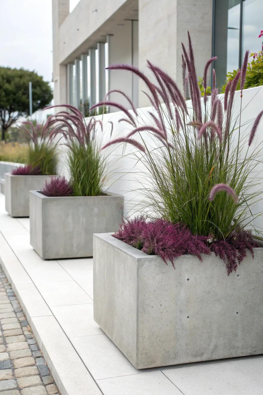 Minimalist concrete planters offer a chic look for purple fountain grass.