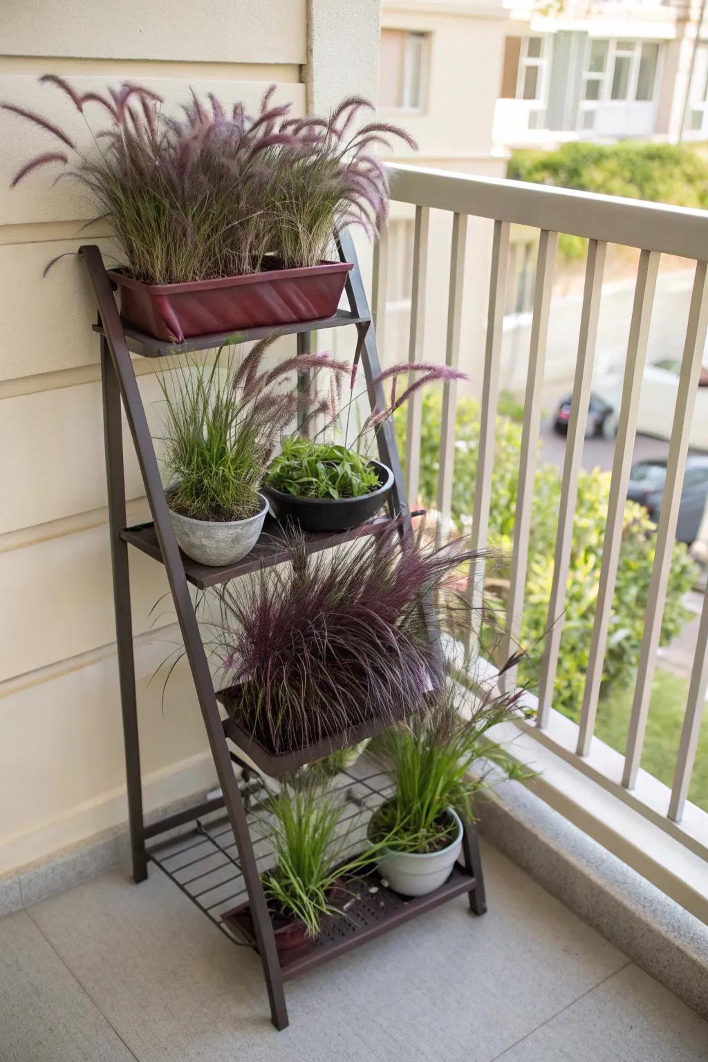 A tiered plant stand adds dimension with varying heights of purple fountain grass.