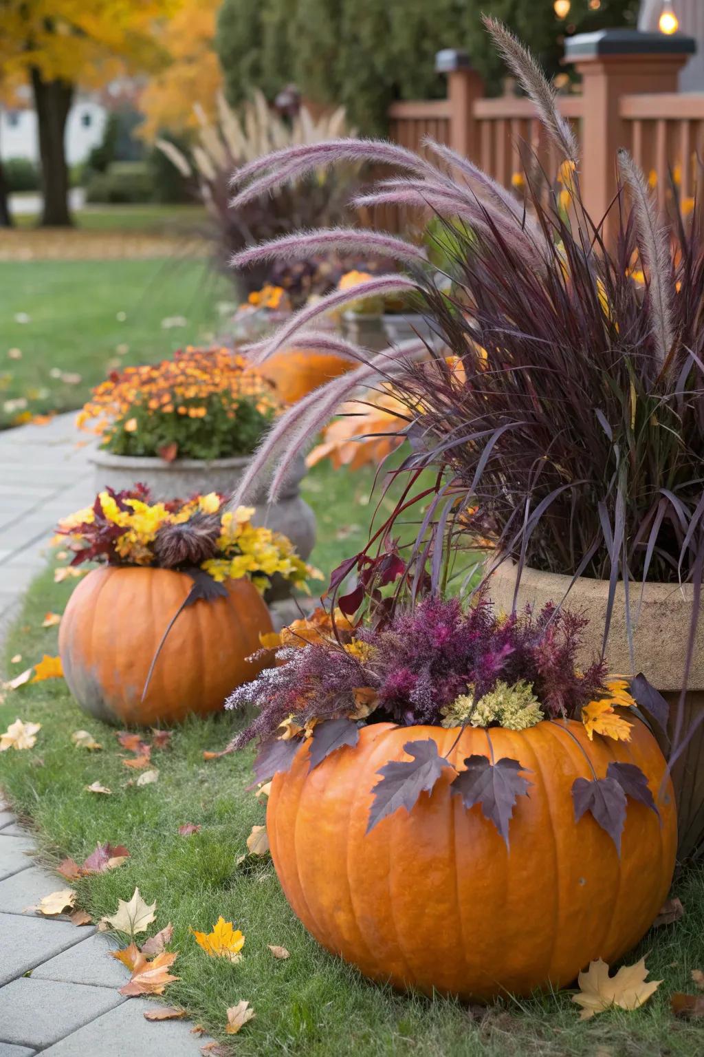 Seasonal pumpkin planters add a festive touch to purple fountain grass.