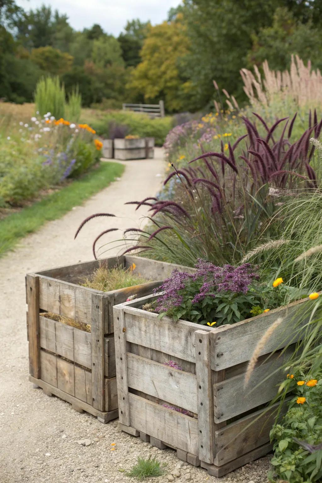 Vintage wooden crates bring rustic charm to purple fountain grass arrangements.