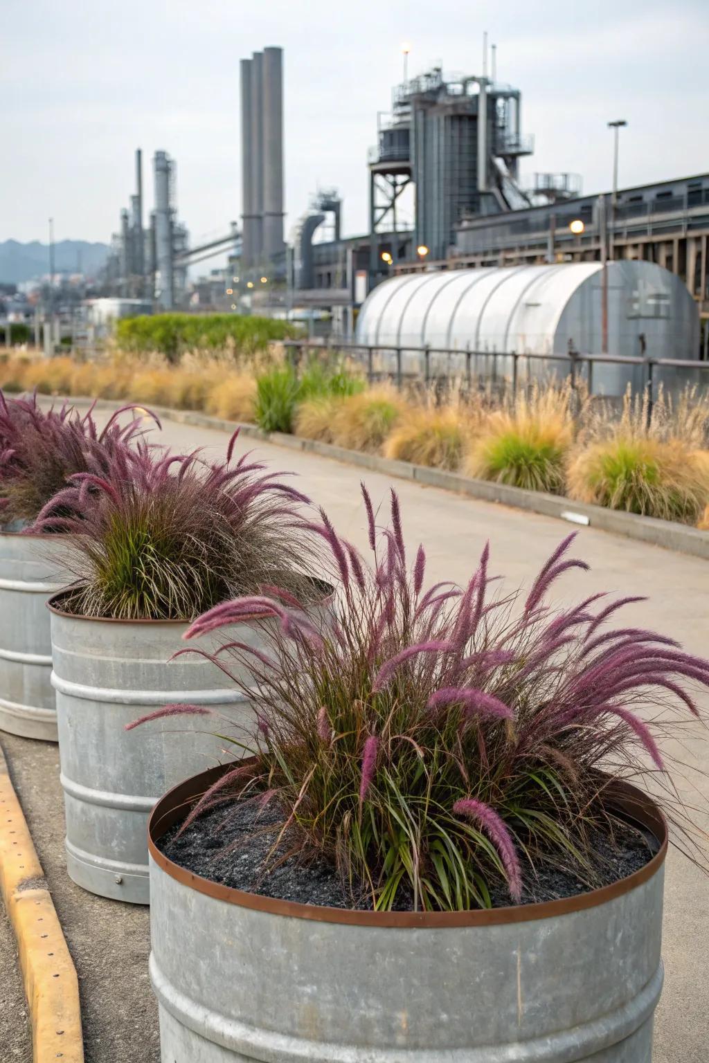 Steel drum planters offer an industrial chic look for purple fountain grass.