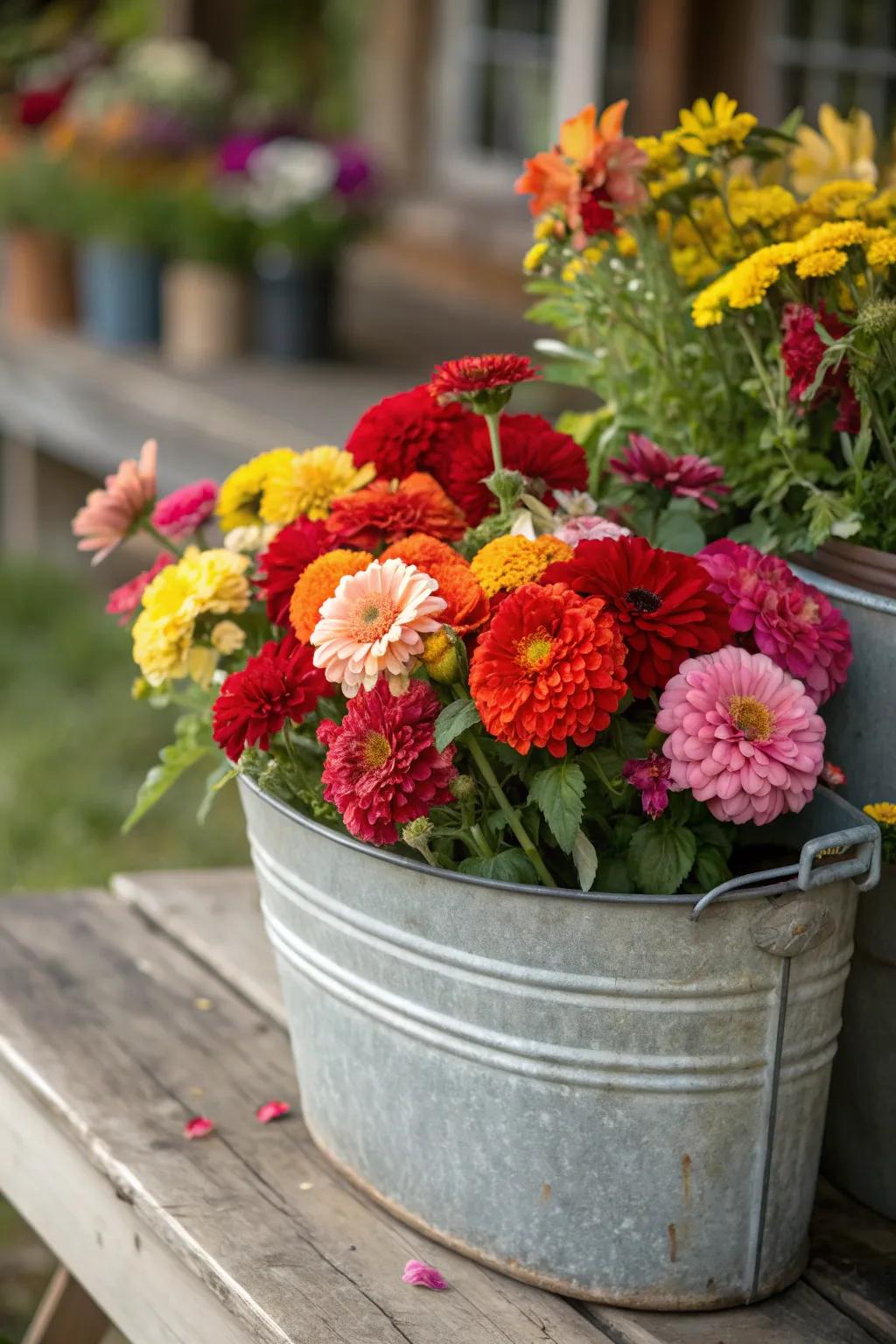 A vibrant display of colorful flowers blooming in a galvanized tub.