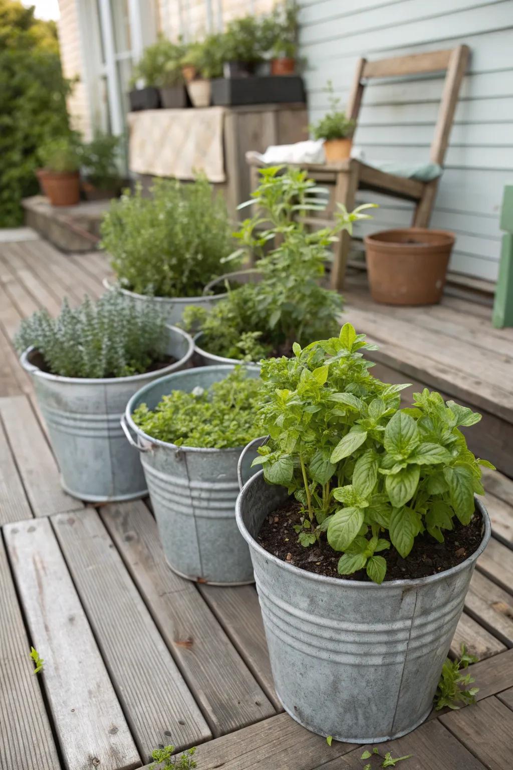 Rustic galvanized tubs filled with fresh herbs for convenient cooking access.