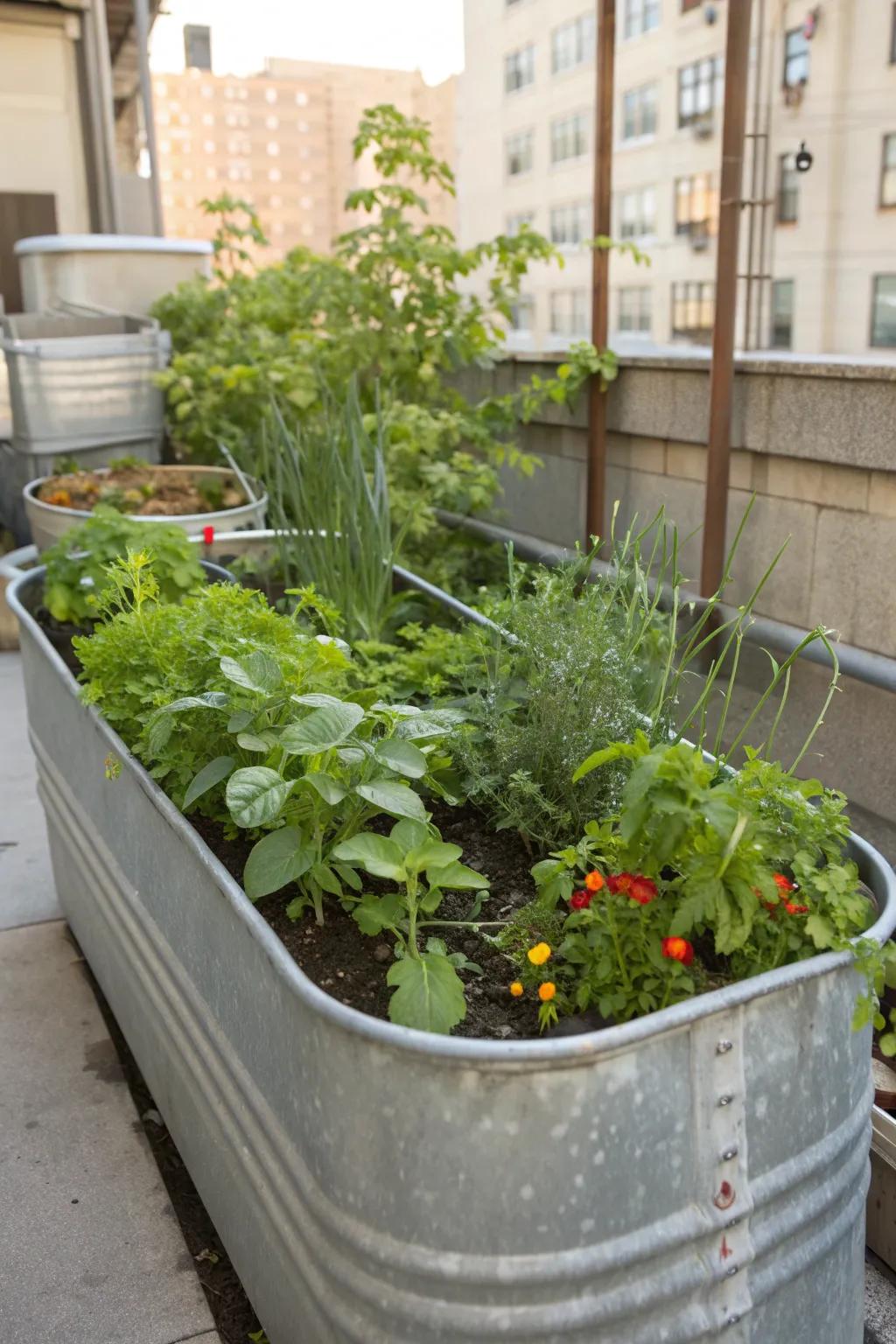 A compact vegetable garden thriving in a galvanized tub.