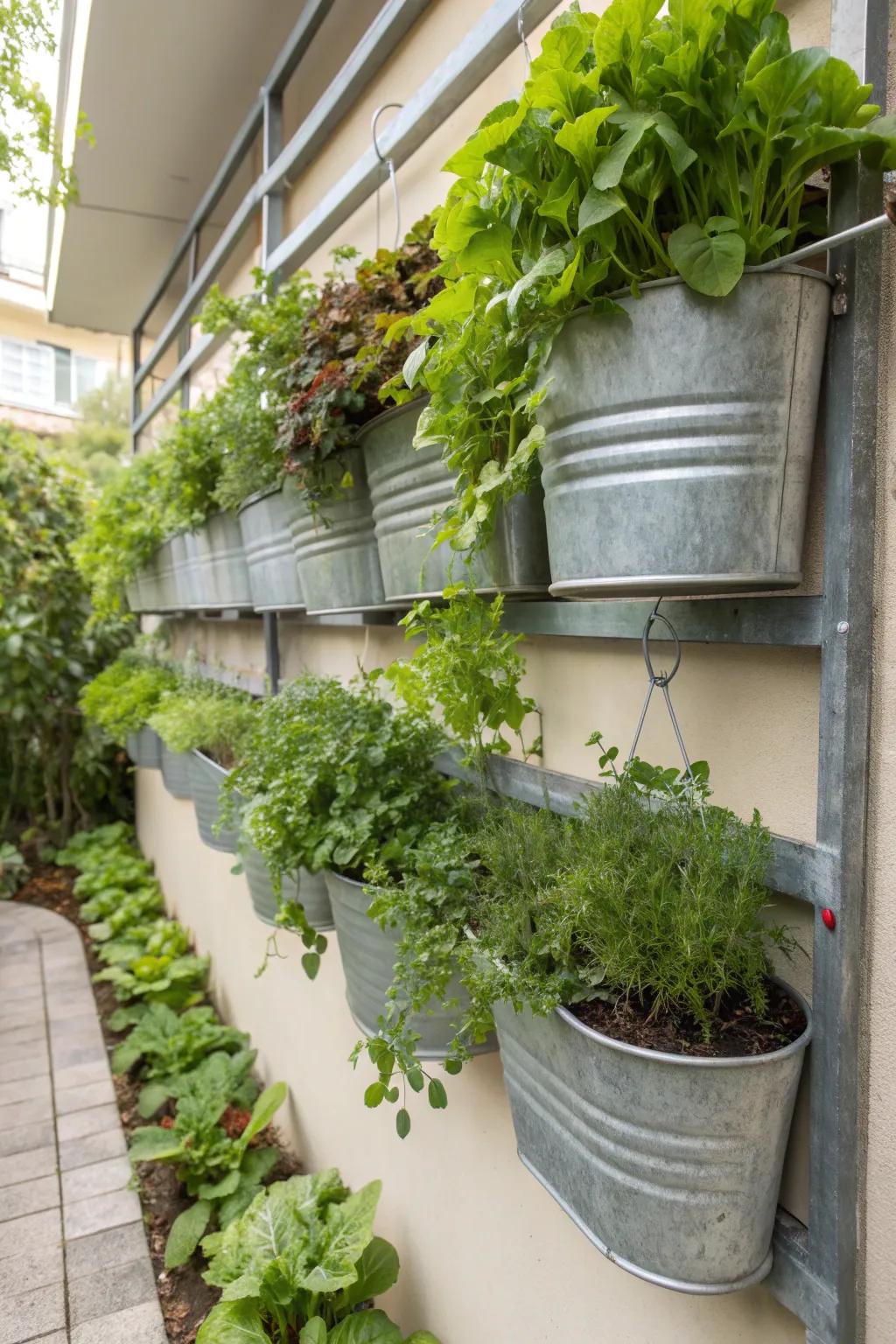 A vertical hanging garden using galvanized tubs for a lush outdoor display.