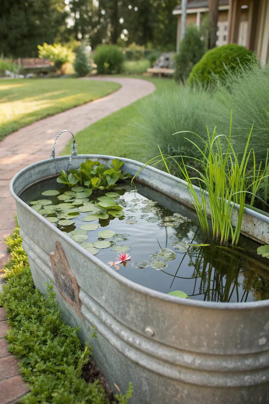 A whimsical water feature using a galvanized tub and aquatic plants.