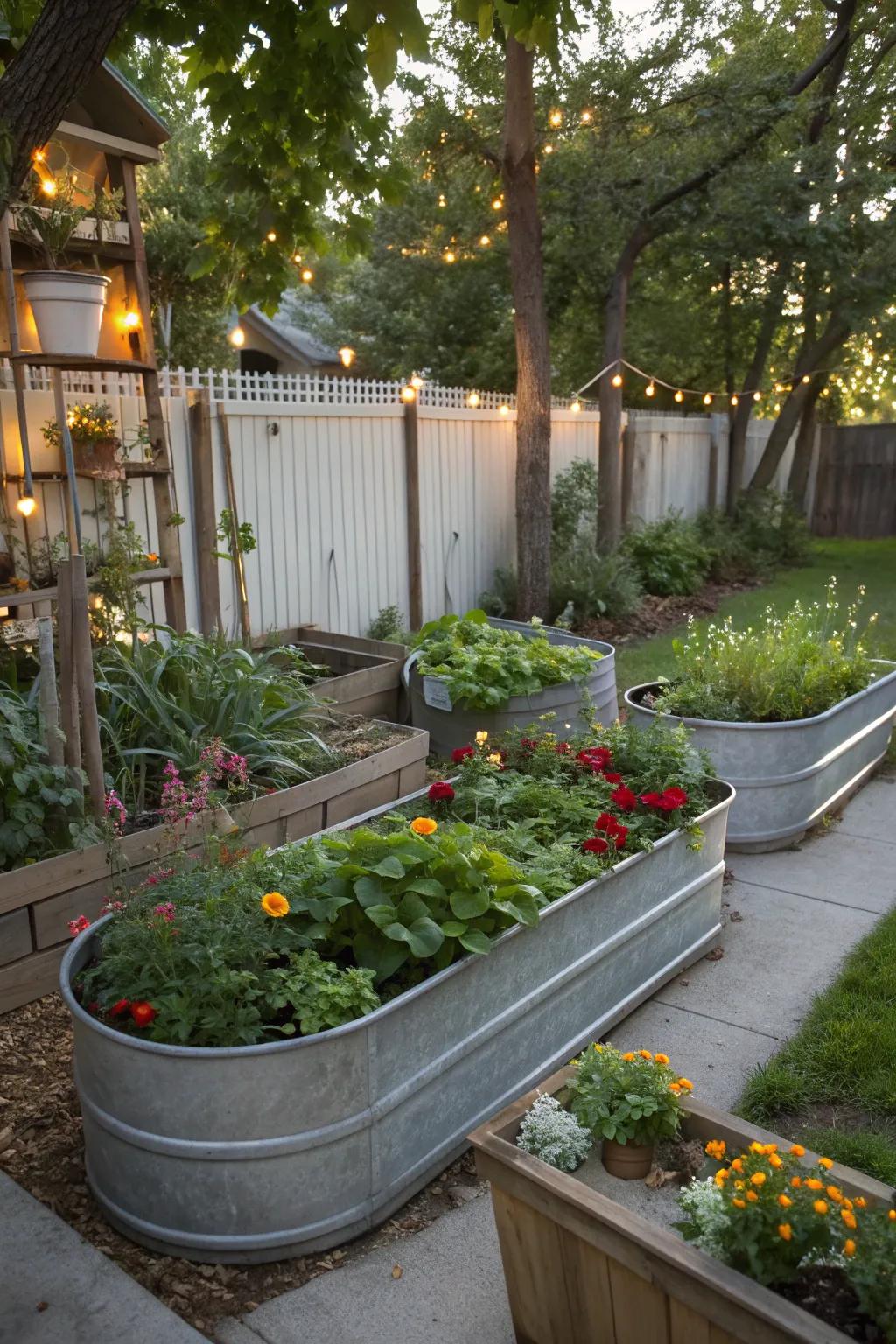 Space-saving garden beds using galvanized tubs in a small garden.
