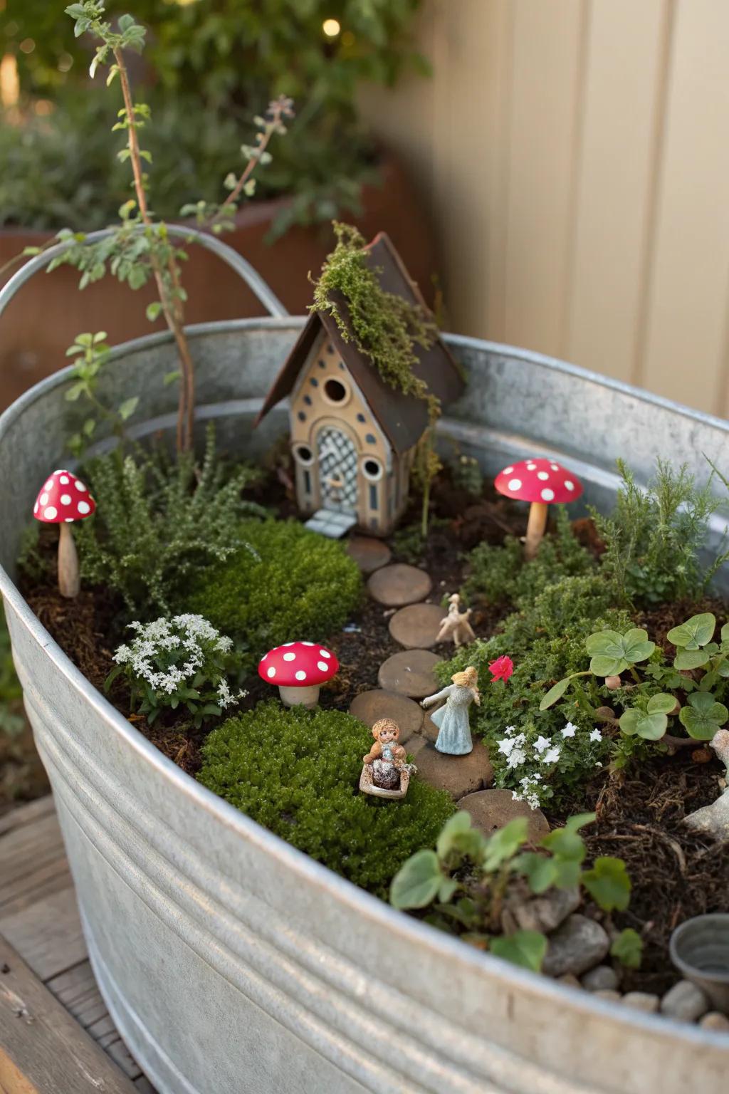 A whimsical fairy garden created in a galvanized tub.