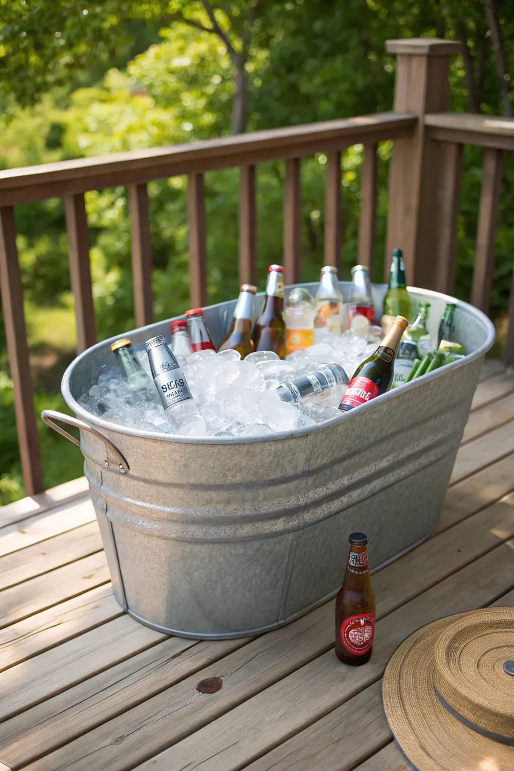 A rustic outdoor cooler using a galvanized tub filled with ice and drinks.