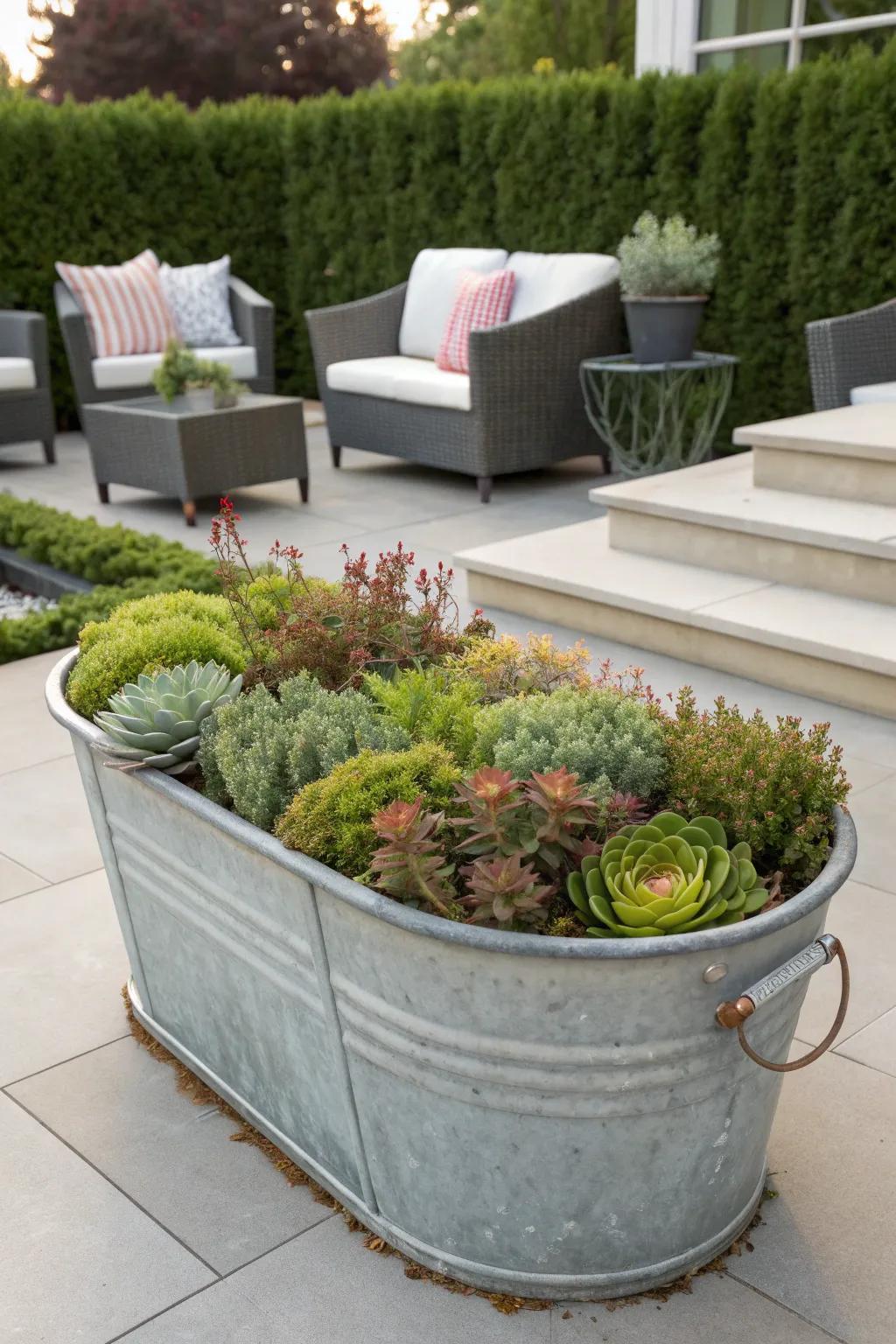 A modern succulent garden created in a galvanized tub.