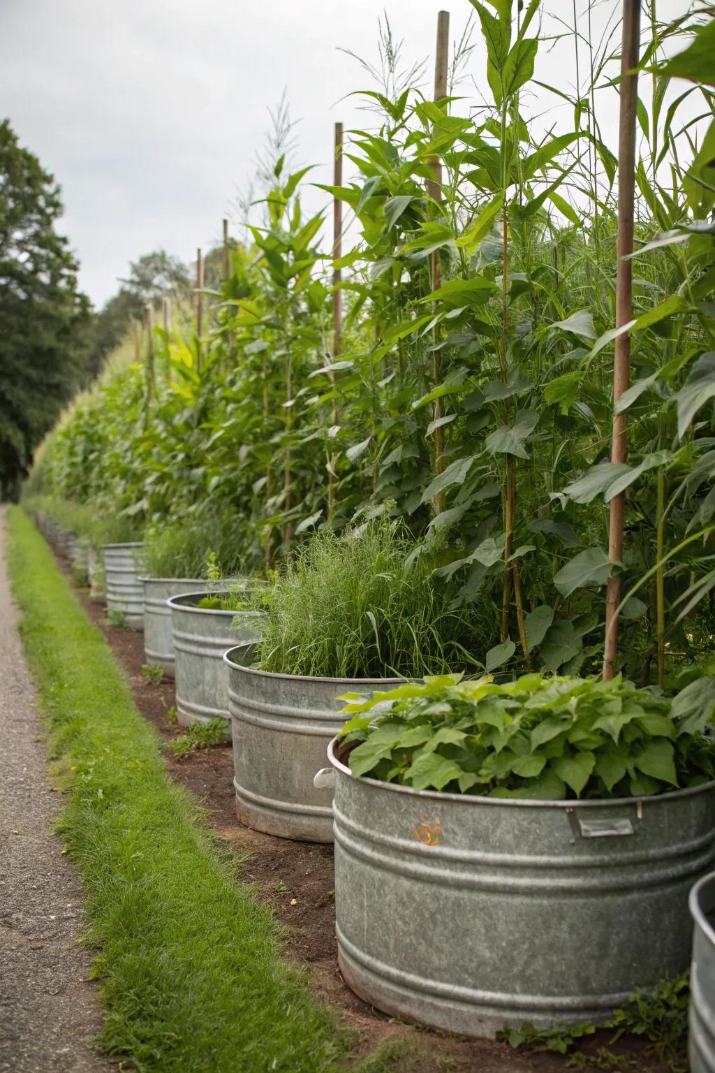 Galvanized tubs with tall plants used as a natural privacy screen.