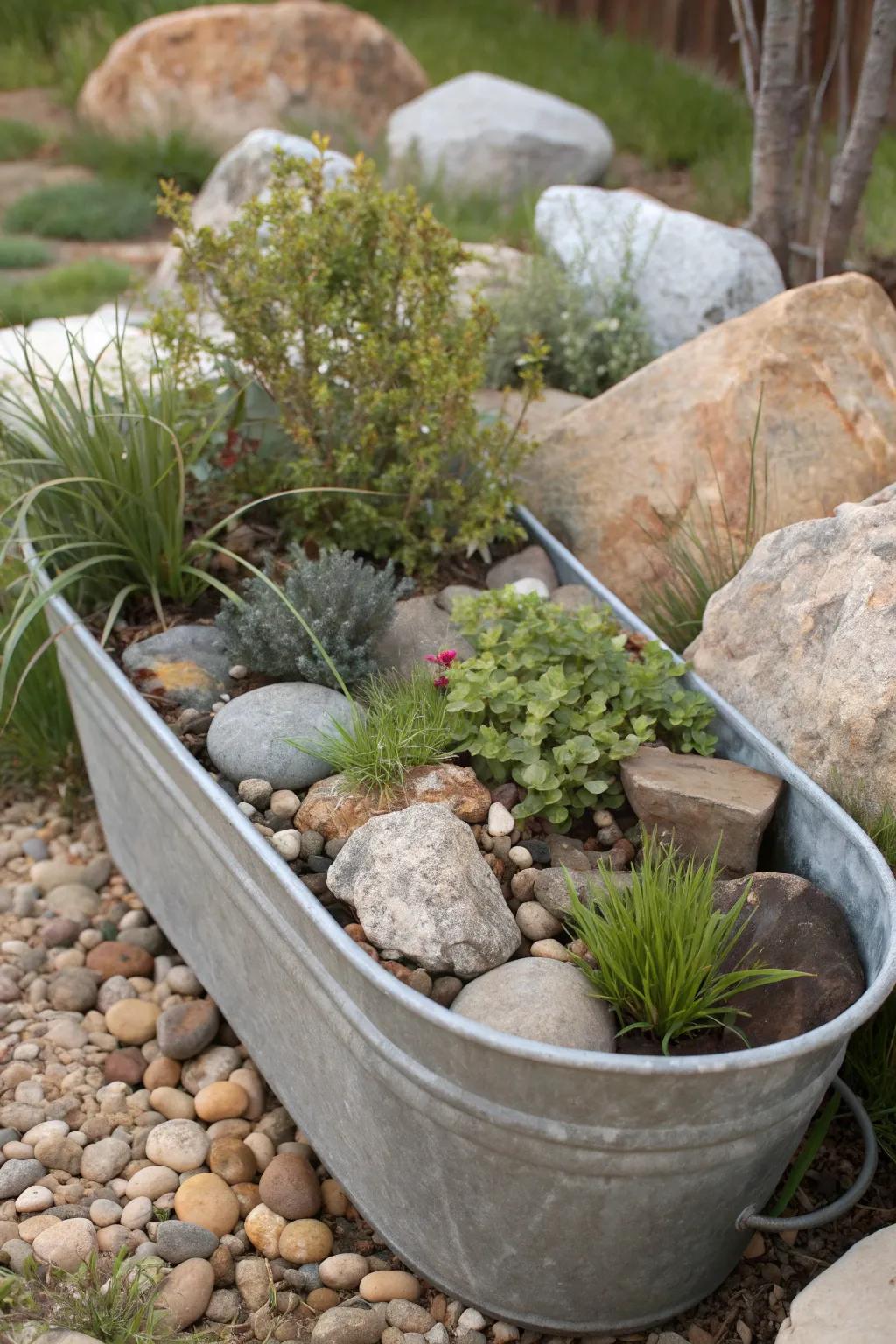 An artistic rock garden using a galvanized tub for added texture.