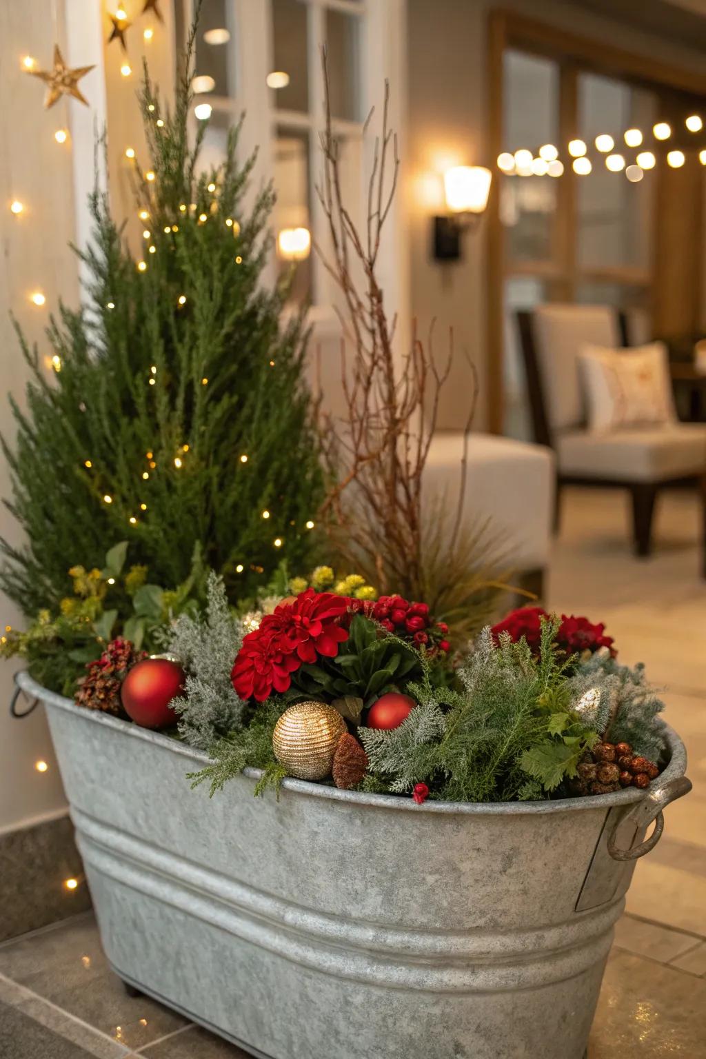 A galvanized tub with a themed seasonal display, changing with the seasons.
