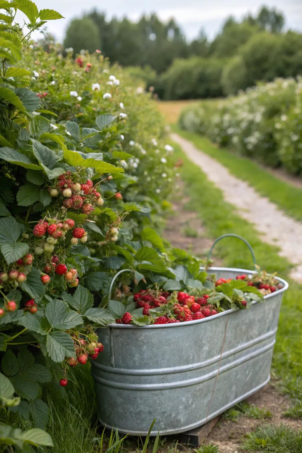 Homegrown berries thriving in a galvanized tub planter.