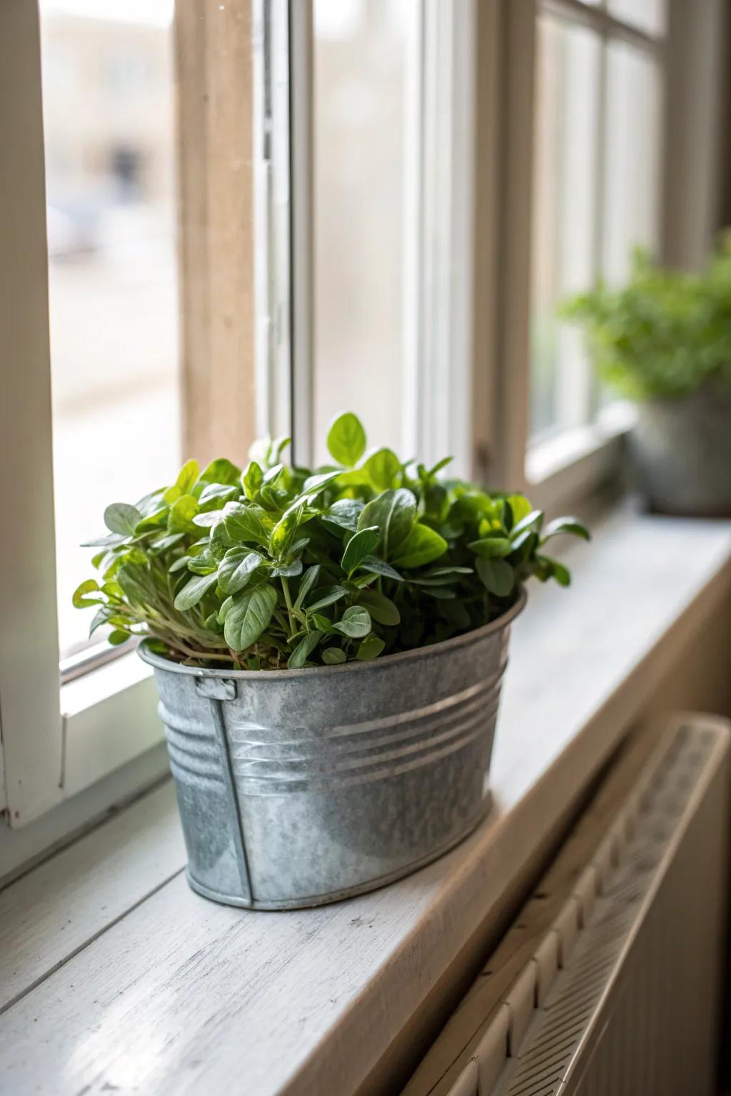 Stylish indoor planters using small galvanized tubs for a modern touch.