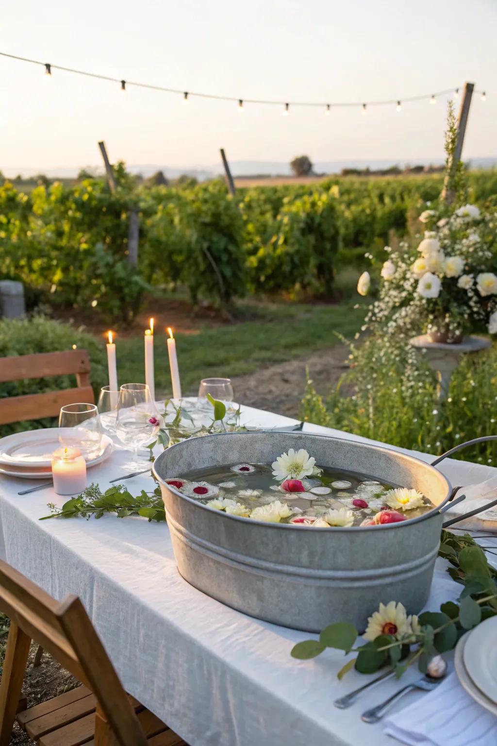 An elegant outdoor dining centerpiece using a galvanized tub with candles and flowers.