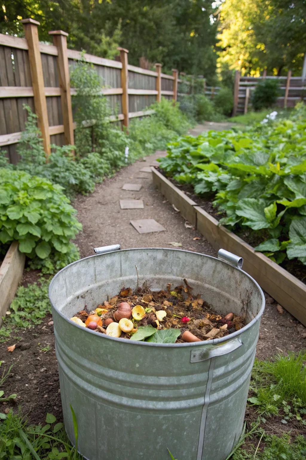 A functional DIY compost bin using a galvanized tub for eco-friendly gardening.