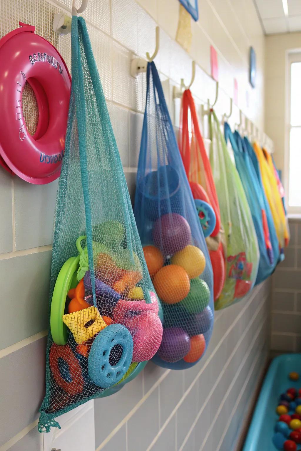 Mesh bags provide breathable storage for pool toys.