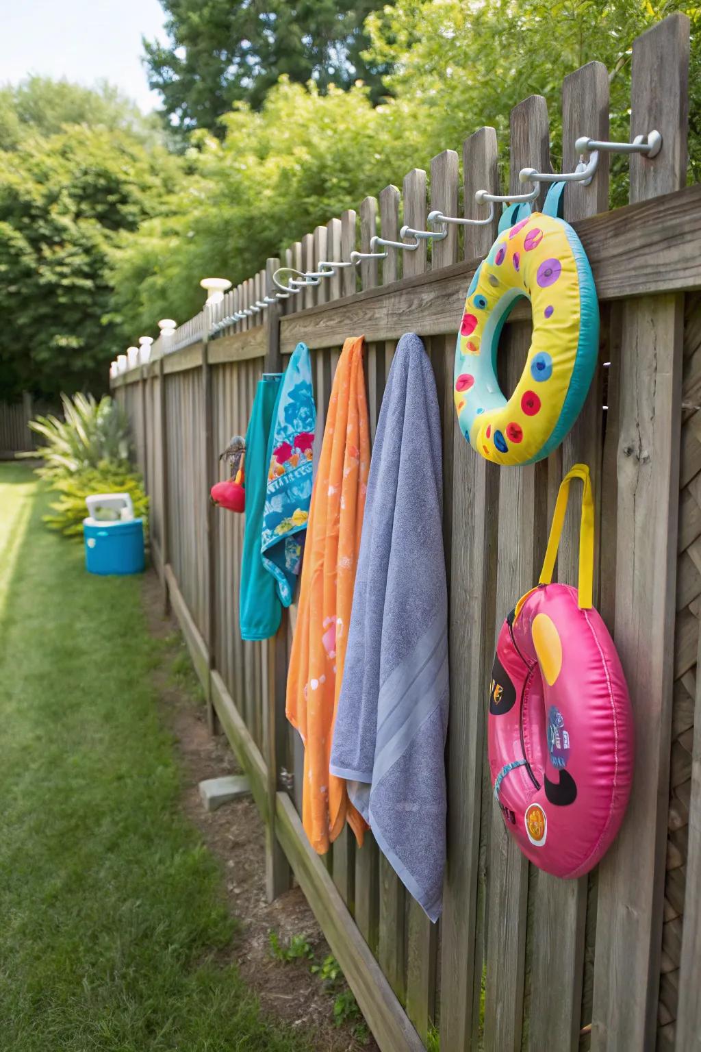 Fence-mounted hooks offer practical float storage.